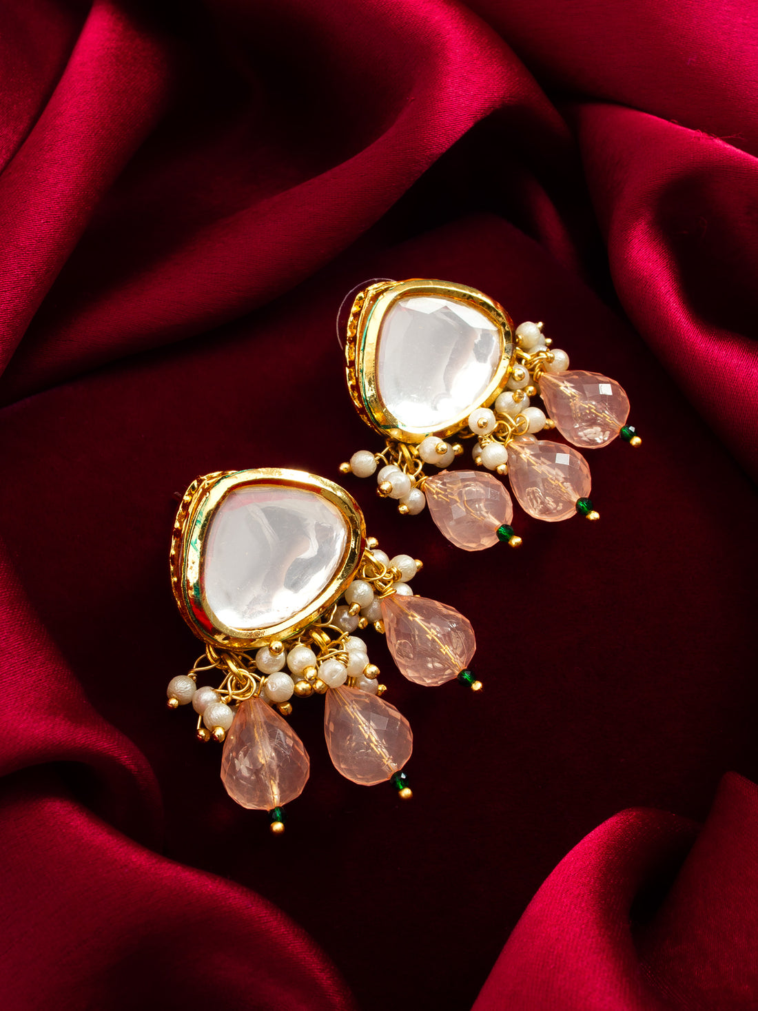 Gold Polki Kundan Stud Earrings with Bead and Pearl