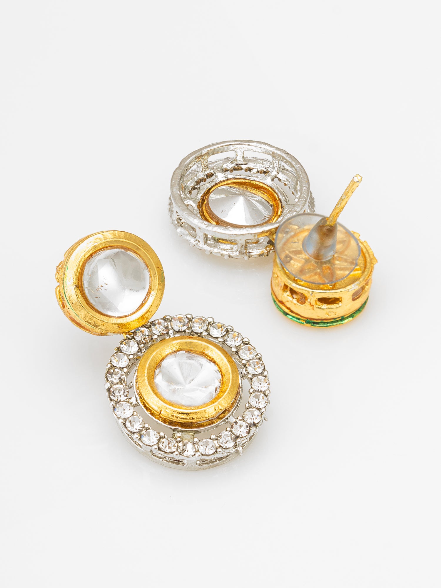 Aadita Dual Tone Kundan Circular Drop Earrings with AD Crystal Halo