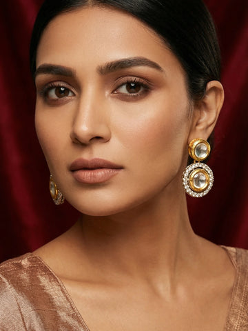Aadita Dual Tone Kundan Circular Drop Earrings with AD Crystal Halo