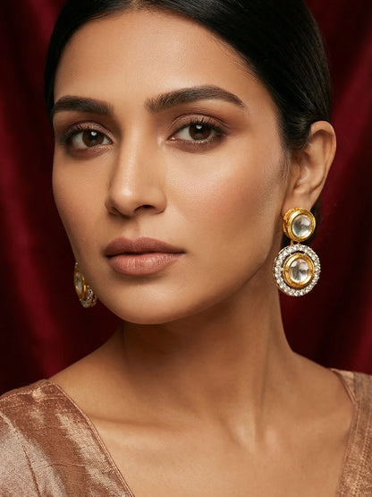 Aadita Dual Tone Kundan Circular Drop Earrings with AD Crystal Halo