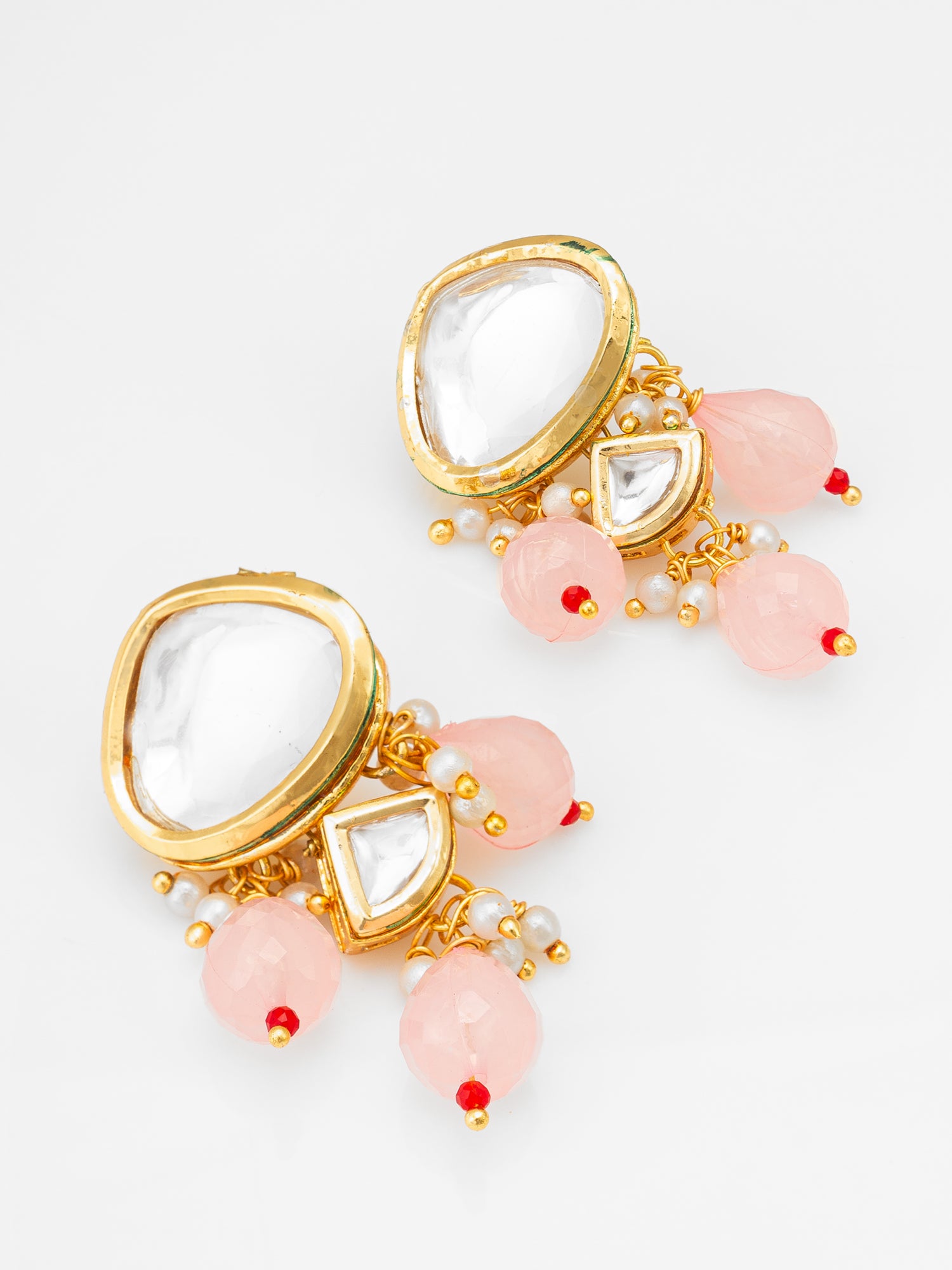 Aadita Gold Polki Kundan Drop Earrings with Half Moon Accent and Pink Bead Fringe