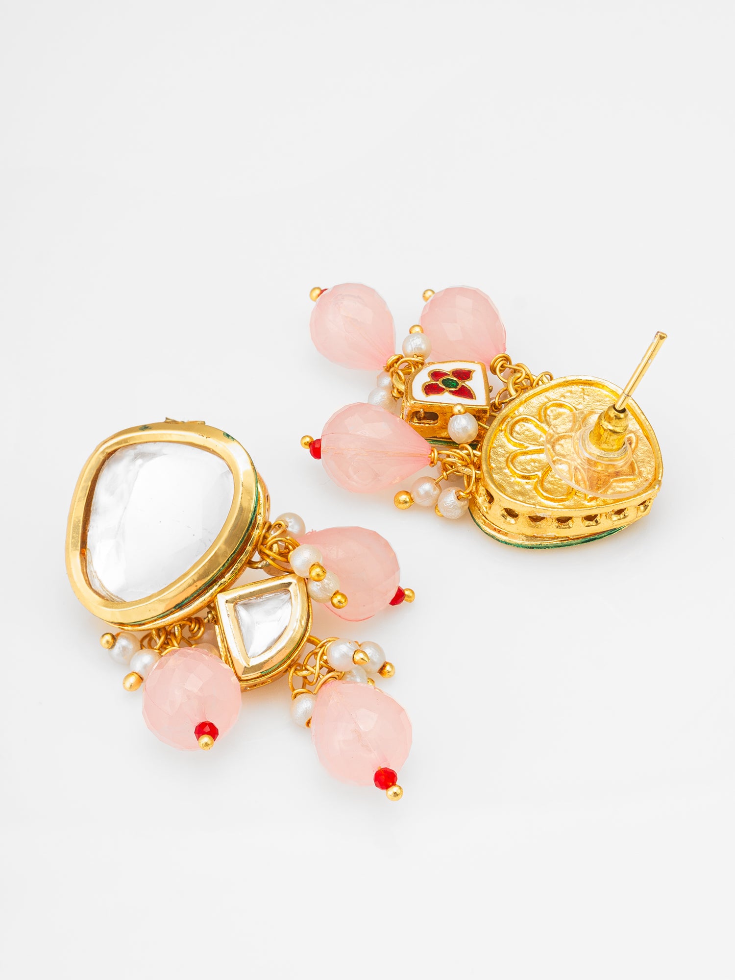 Aadita Gold Polki Kundan Drop Earrings with Half Moon Accent and Pink Bead Fringe