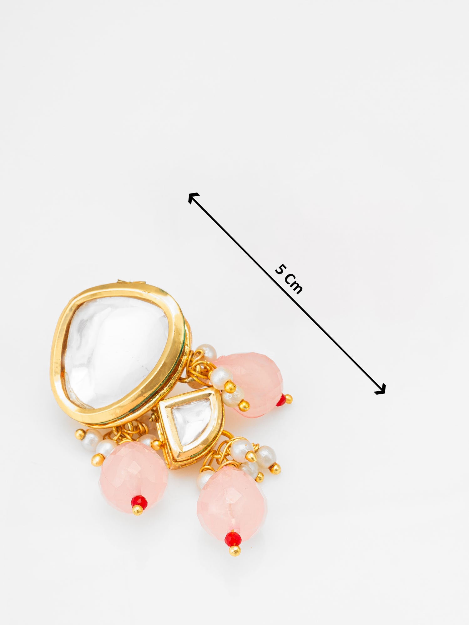 Aadita Gold Polki Kundan Drop Earrings with Half Moon Accent and Pink Bead Fringe