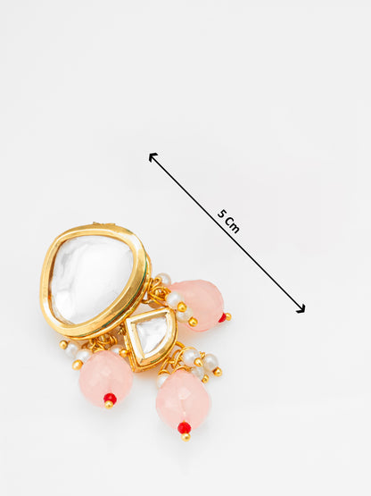 Aadita Gold Polki Kundan Drop Earrings with Half Moon Accent and Pink Bead Fringe