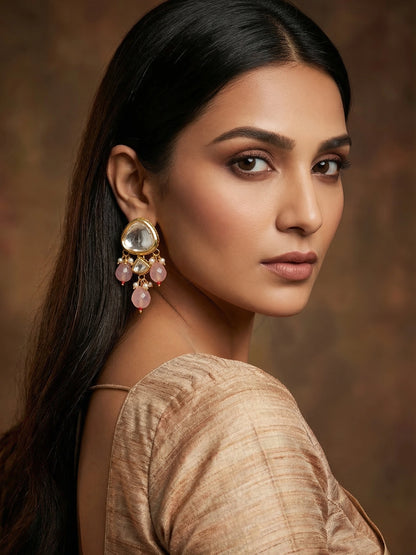 Aadita Gold Polki Kundan Drop Earrings with Half Moon Accent and Pink Bead Fringe
