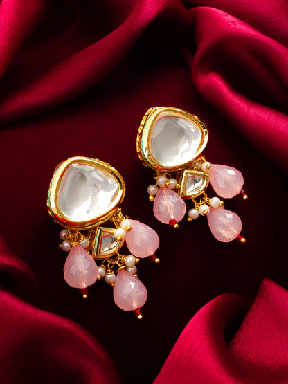 Aadita Gold Polki Kundan Drop Earrings with Half Moon Accent and Pink Bead Fringe