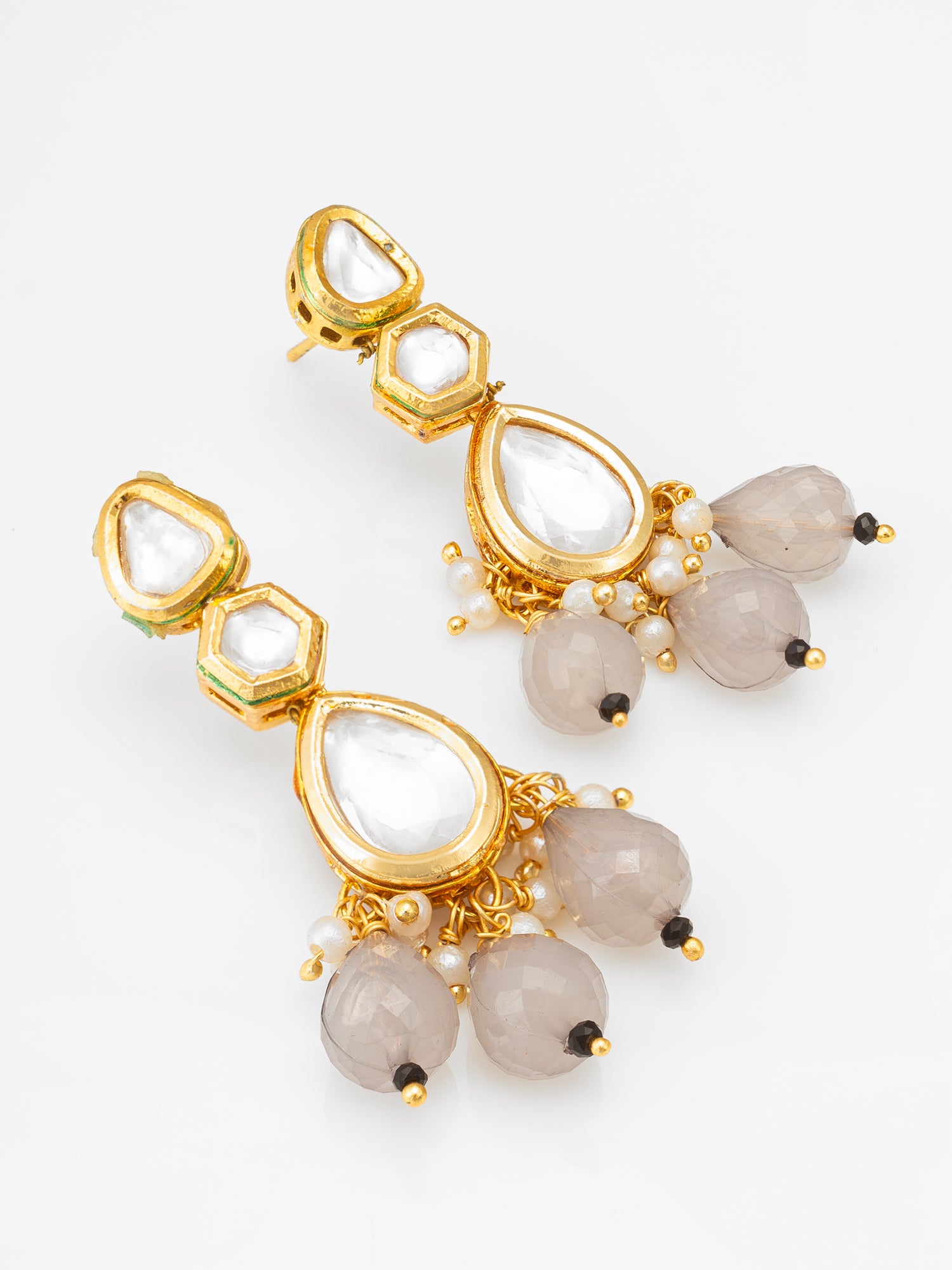 Aadita Gold Kundan Three-Tier Long Drop Earrings with Smoky Grey Bead Dangles