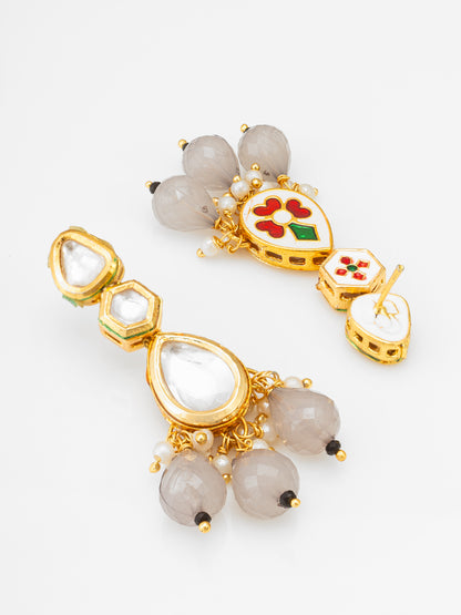 Aadita Gold Kundan Three-Tier Long Drop Earrings with Smoky Grey Bead Dangles