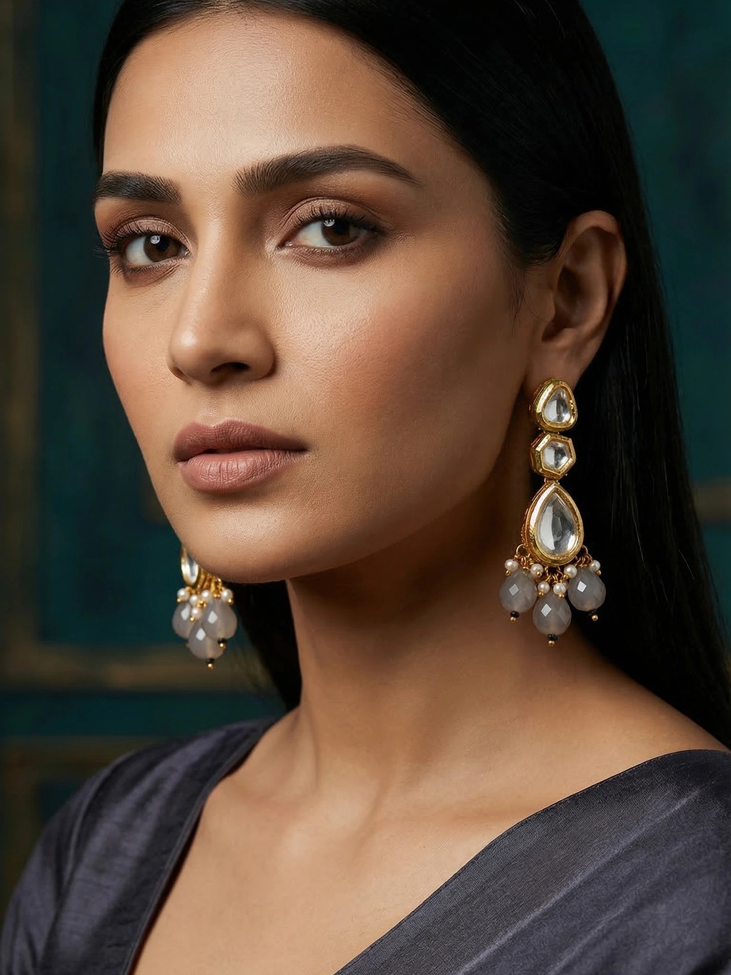 Aadita Gold Kundan Three-Tier Long Drop Earrings with Smoky Grey Bead Dangles