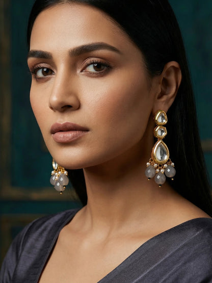 Aadita Gold Kundan Three-Tier Long Drop Earrings with Smoky Grey Bead Dangles