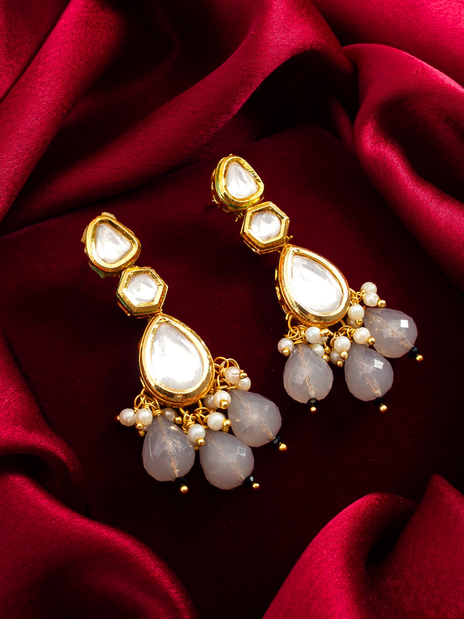 Aadita Gold Kundan Three-Tier Long Drop Earrings with Smoky Grey Bead Dangles