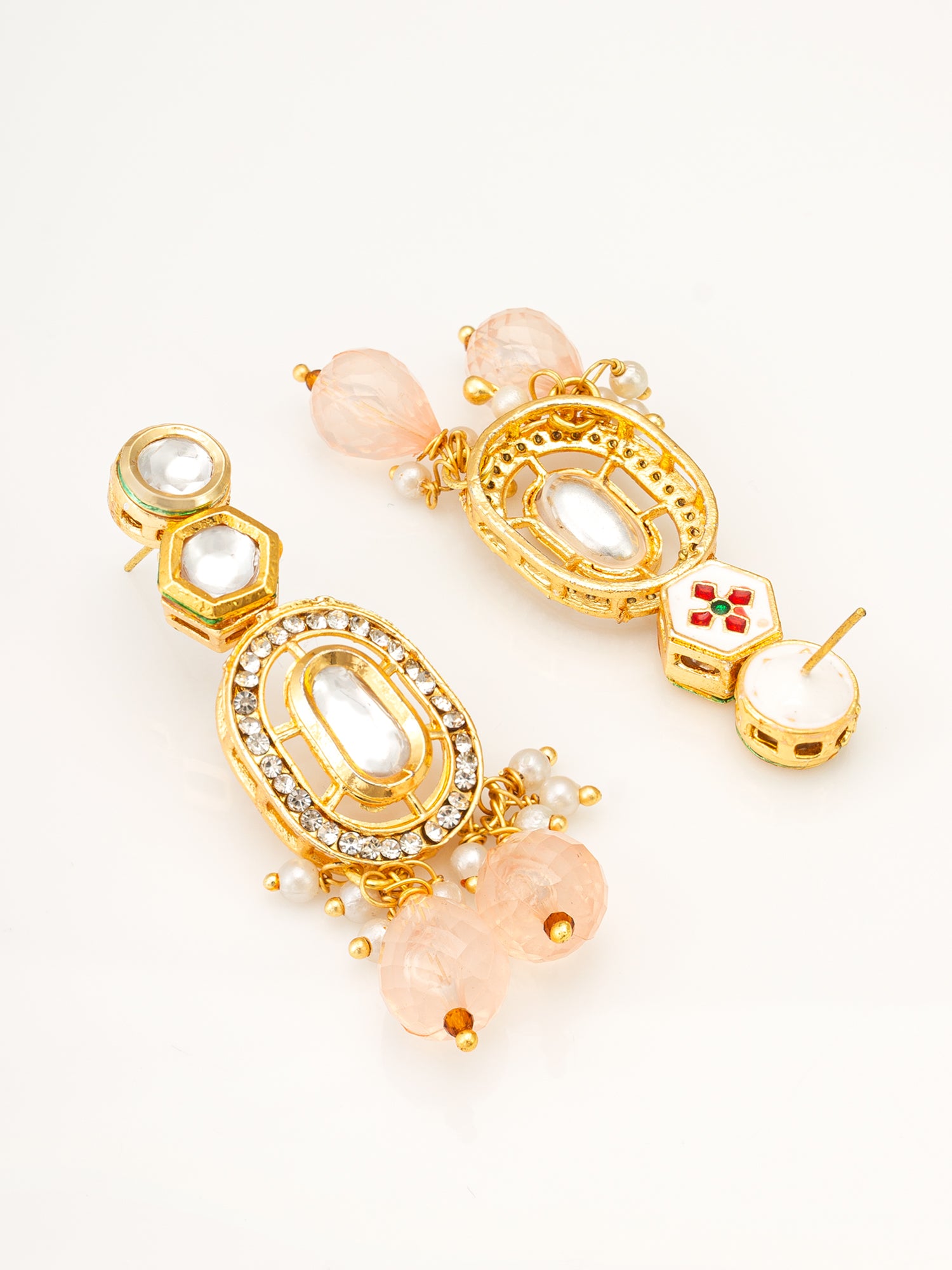 Aadita Gold Kundan Oval Drop Earrings with AD Crystal Border and Peach Bead Cluster