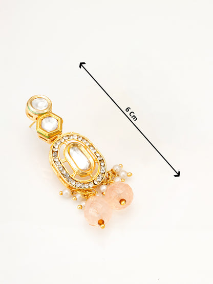Aadita Gold Kundan Oval Drop Earrings with AD Crystal Border and Peach Bead Cluster