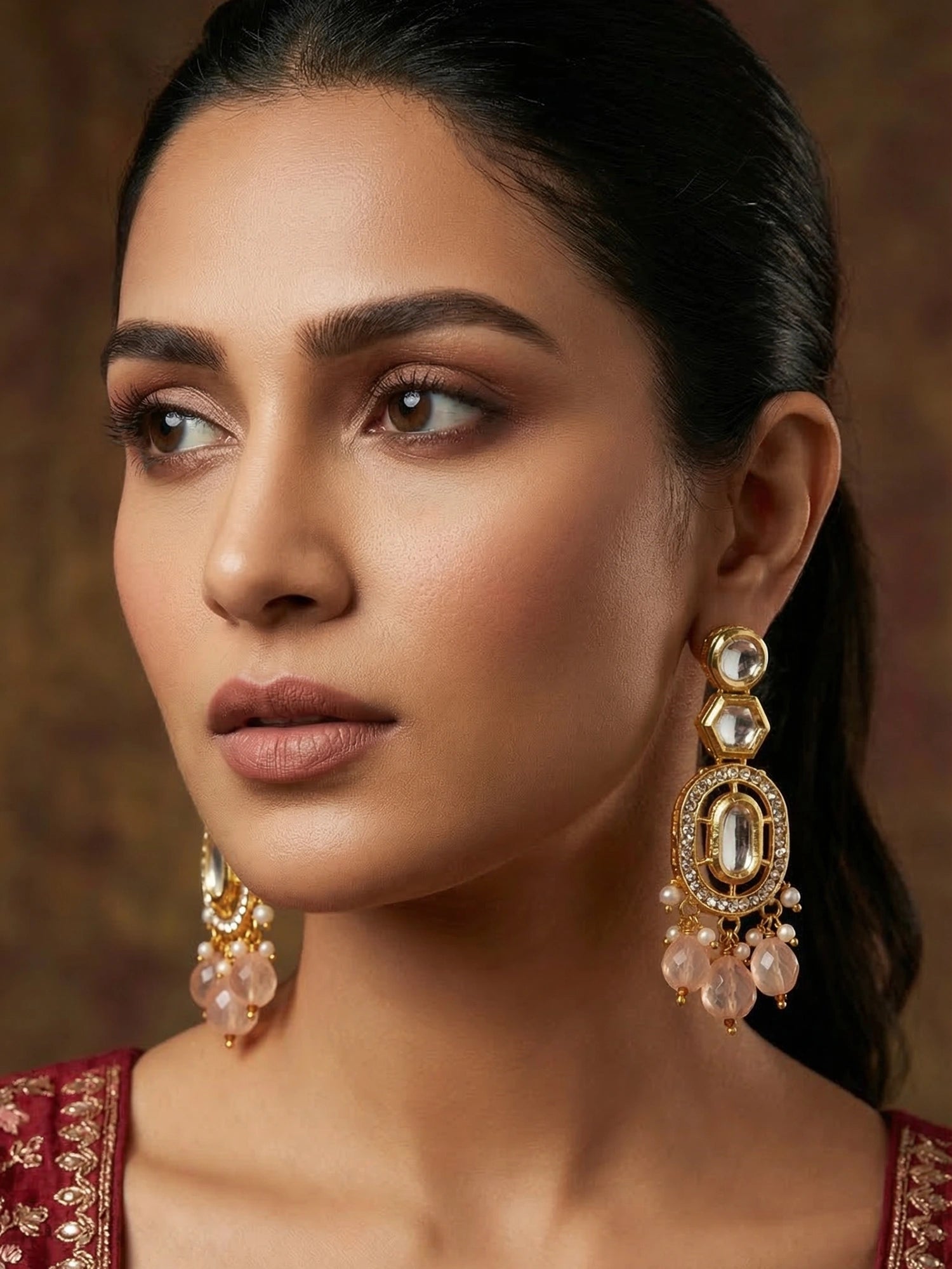 Aadita Gold Kundan Oval Drop Earrings with AD Crystal Border and Peach Bead Cluster