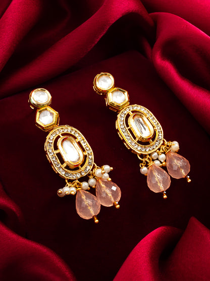 Aadita Gold Kundan Oval Drop Earrings with AD Crystal Border and Peach Bead Cluster