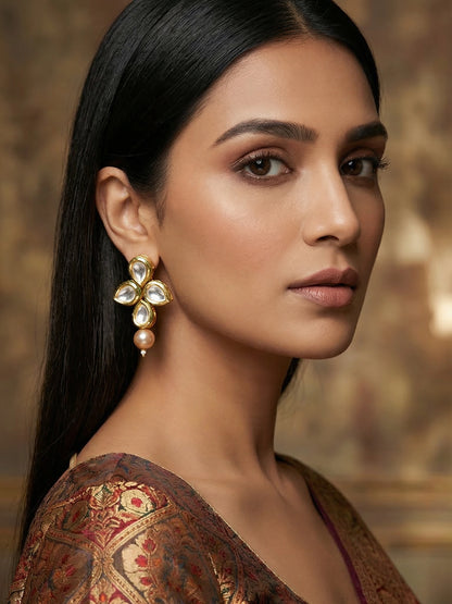 Aadita Gold Polki Kundan Floral Cluster Earrings with Single Peach Pearl Drop