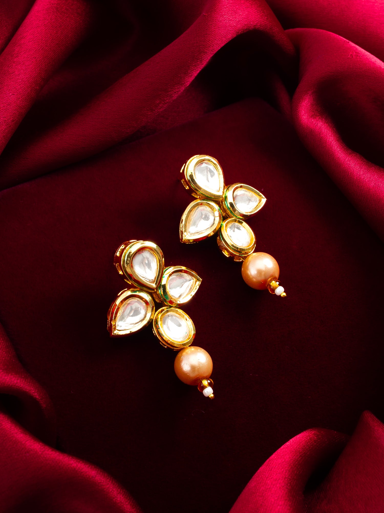 Aadita Gold Polki Kundan Floral Cluster Earrings with Single Peach Pearl Drop