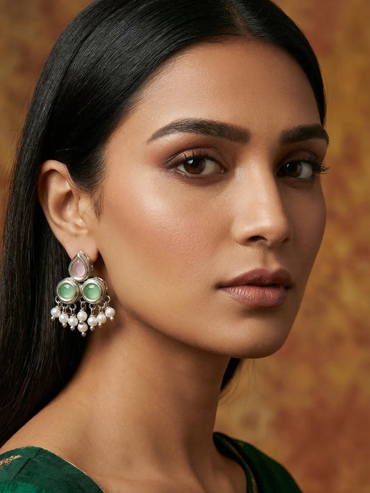 Aadita Oxidized Silver Multi-Stone Stud Earrings with Pearl Bead Fringe