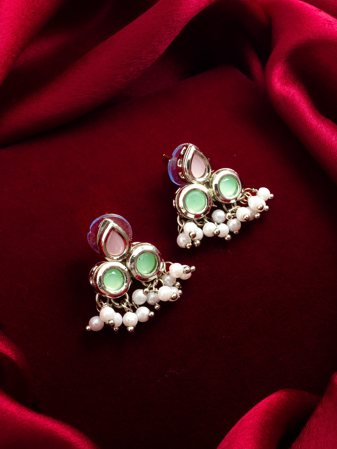 Aadita Oxidized Silver Multi-Stone Stud Earrings with Pearl Bead Fringe