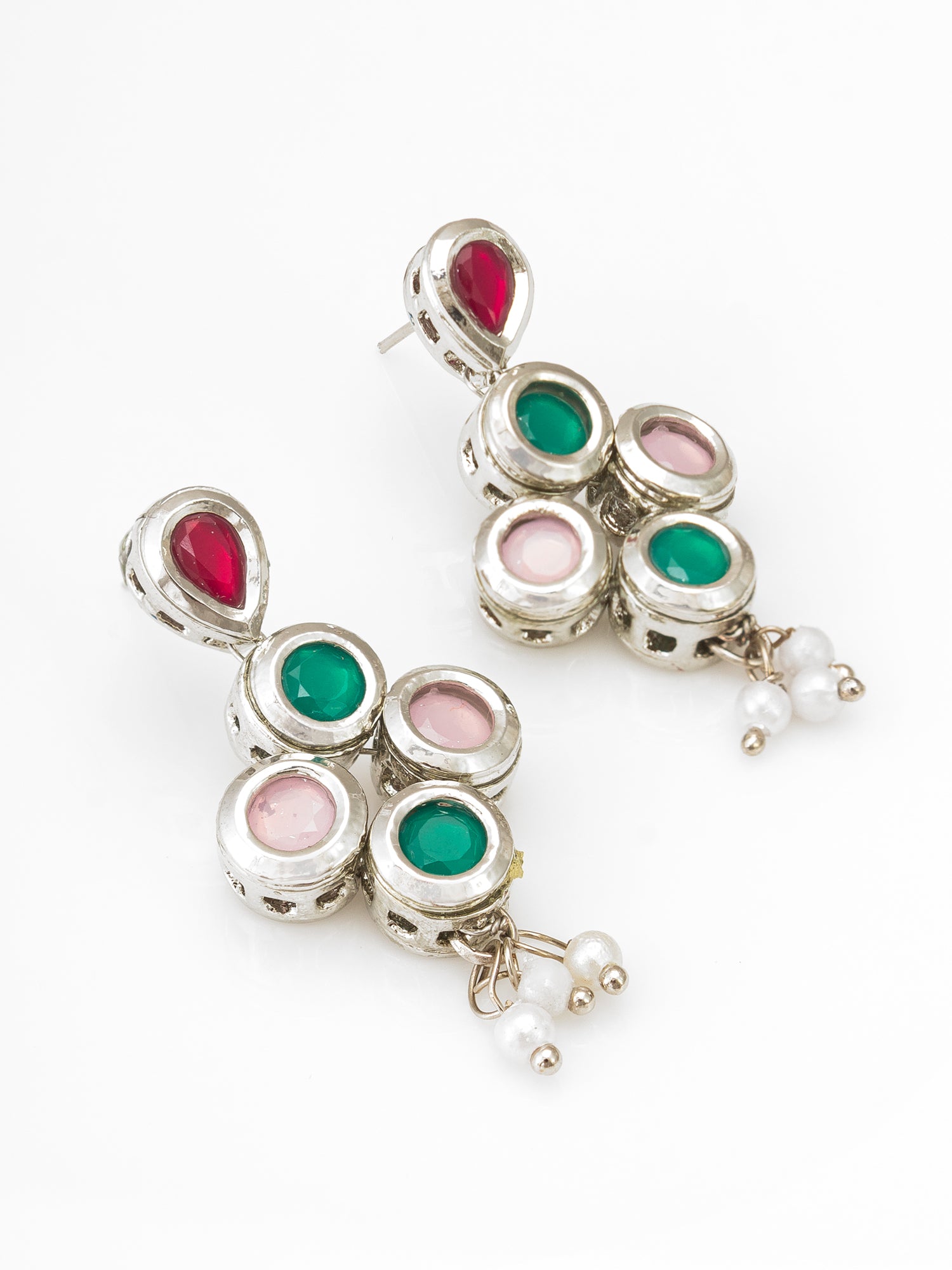 Aadita Silver Toned Red Green and Pink Stone Drop Earrings