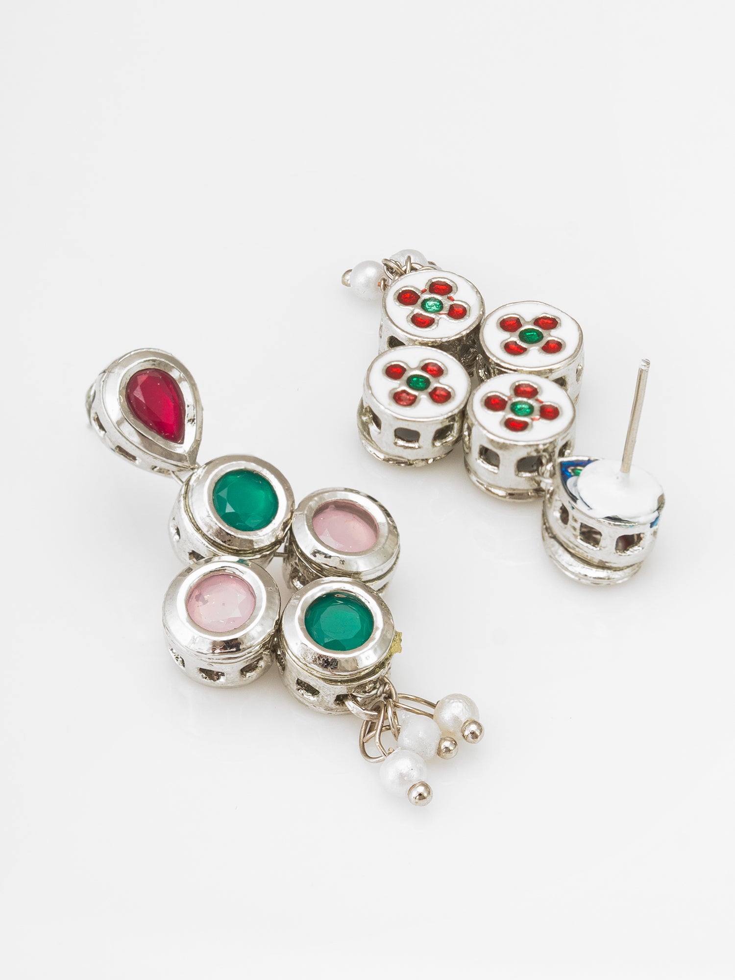 Aadita Silver Toned Red Green and Pink Stone Drop Earrings
