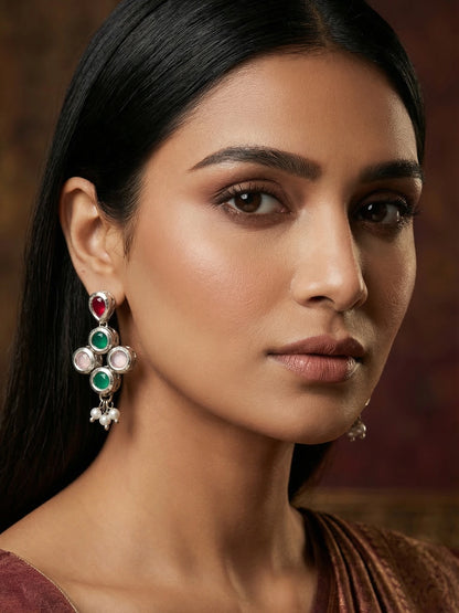 Aadita Silver Toned Red Green and Pink Stone Drop Earrings