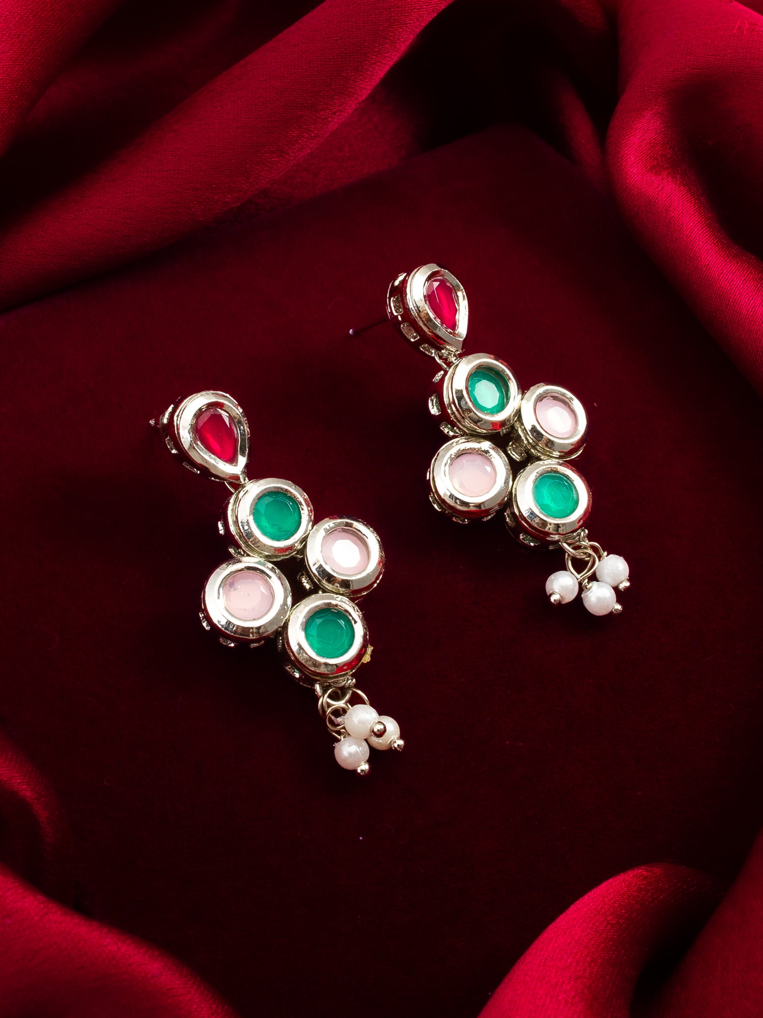 Aadita Silver Toned Red Green and Pink Stone Drop Earrings