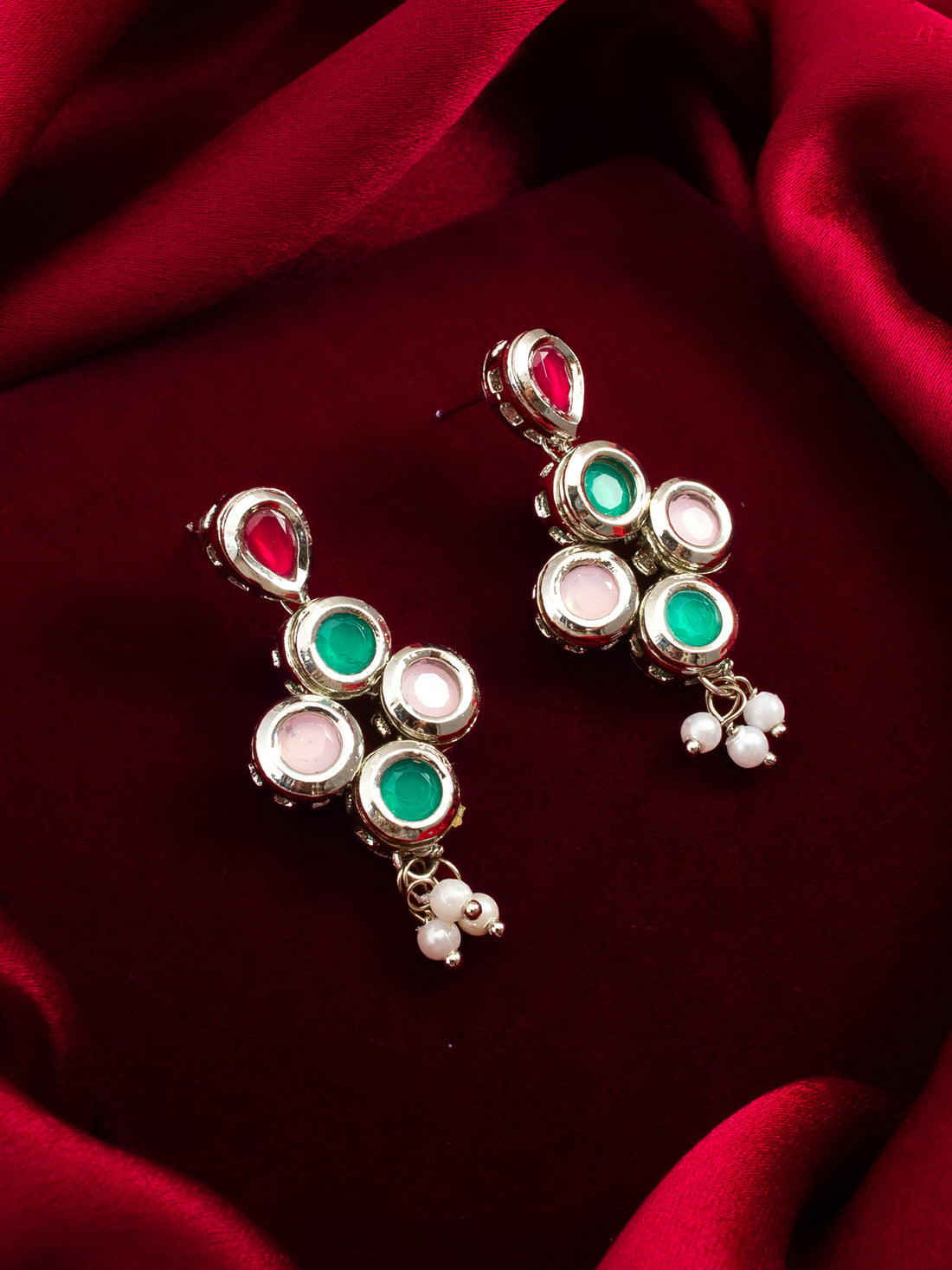 Aadita Silver Toned Red Green and Pink Stone Drop Earrings