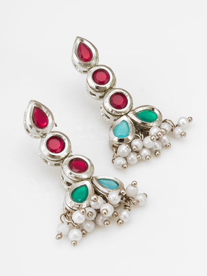 Aadita Silver Toned Multi Tiered Red and Green Stone Earrings with Pearls