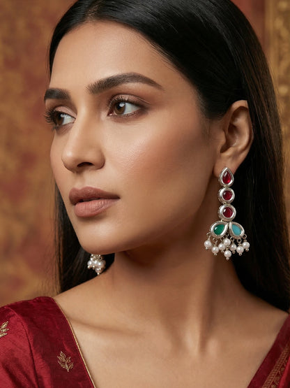 Aadita Silver Toned Multi Tiered Red and Green Stone Earrings with Pearls