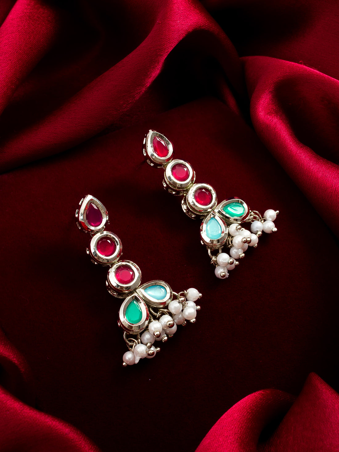 Aadita Silver Toned Multi Tiered Red and Green Stone Earrings with Pearls