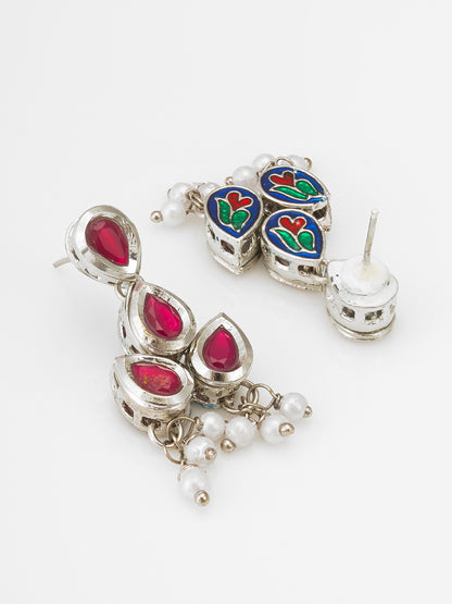 Aadita Silver Toned Red Teardrop Stone Drop Earrings