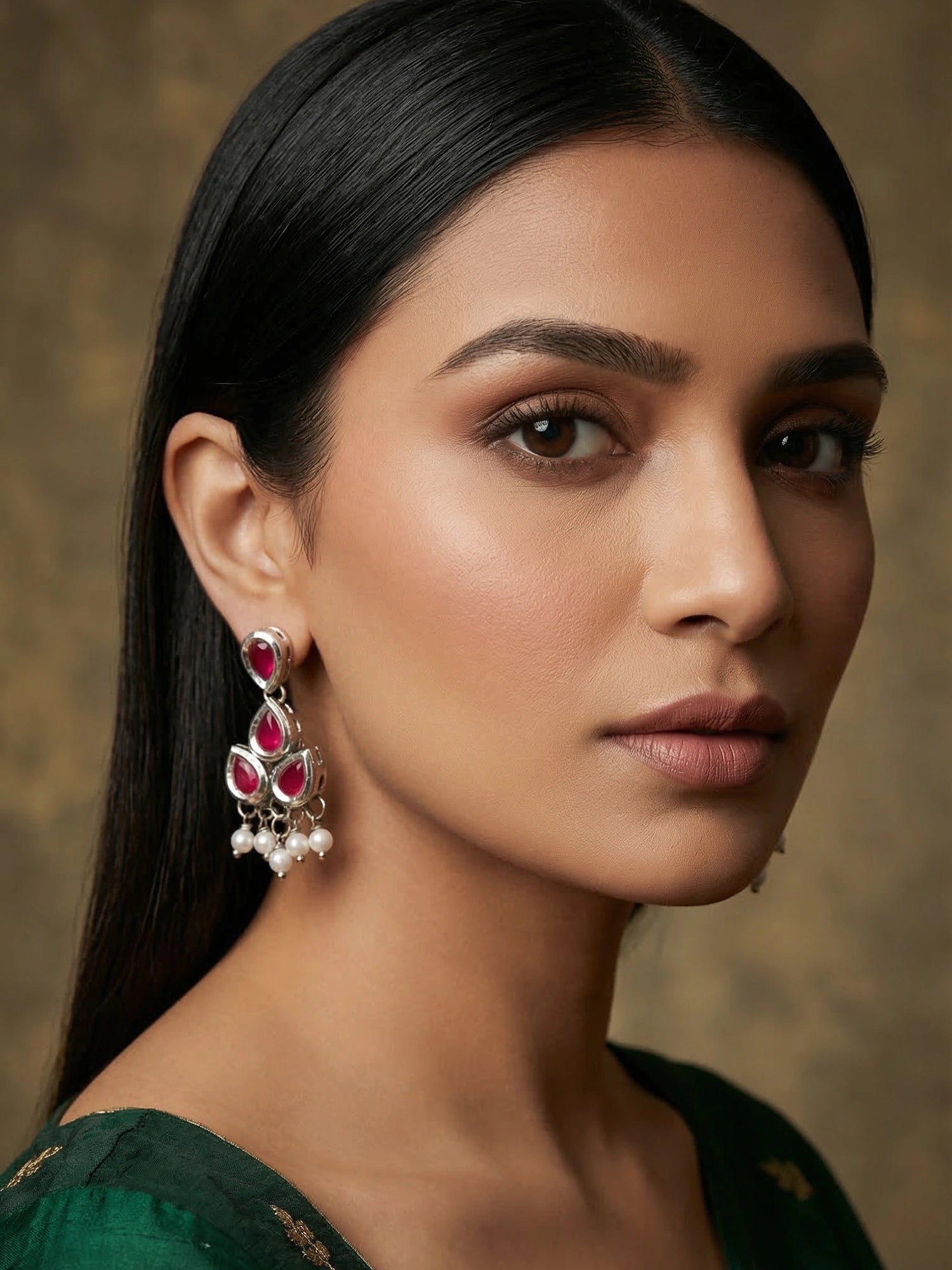 Aadita Silver Toned Red Teardrop Stone Drop Earrings