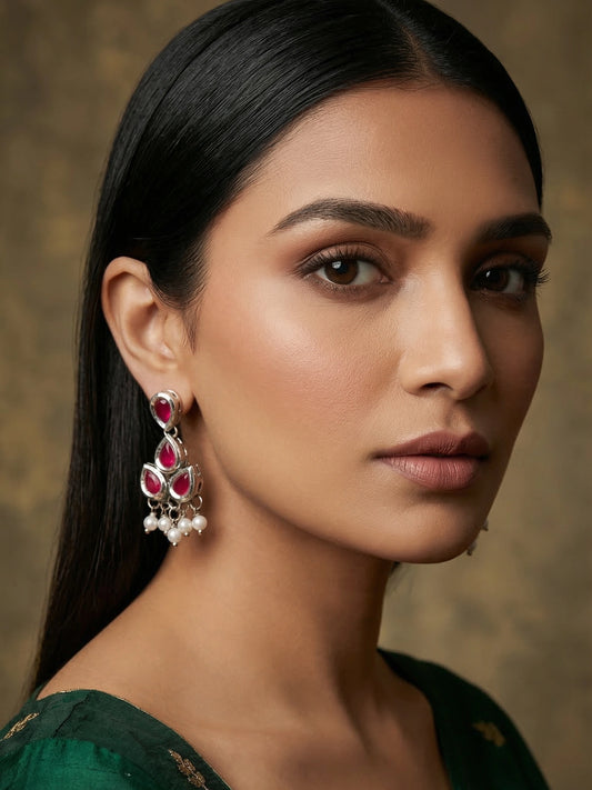 Aadita Silver Toned Red Teardrop Stone Drop Earrings