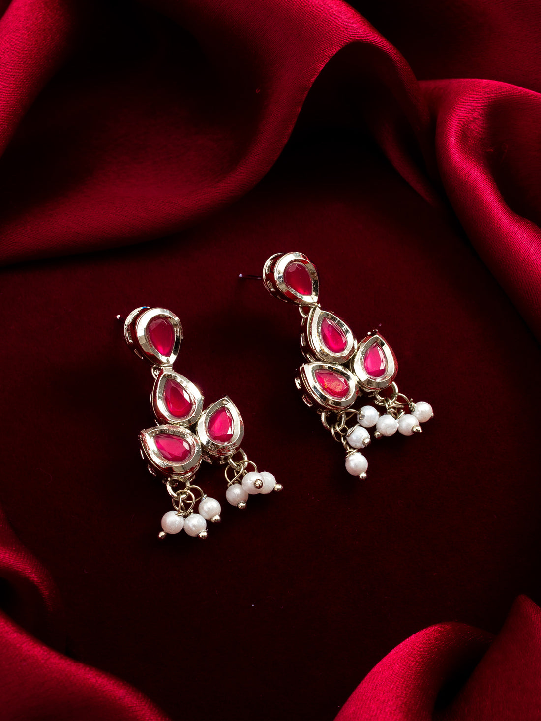 Aadita Silver Toned Red Teardrop Stone Drop Earrings