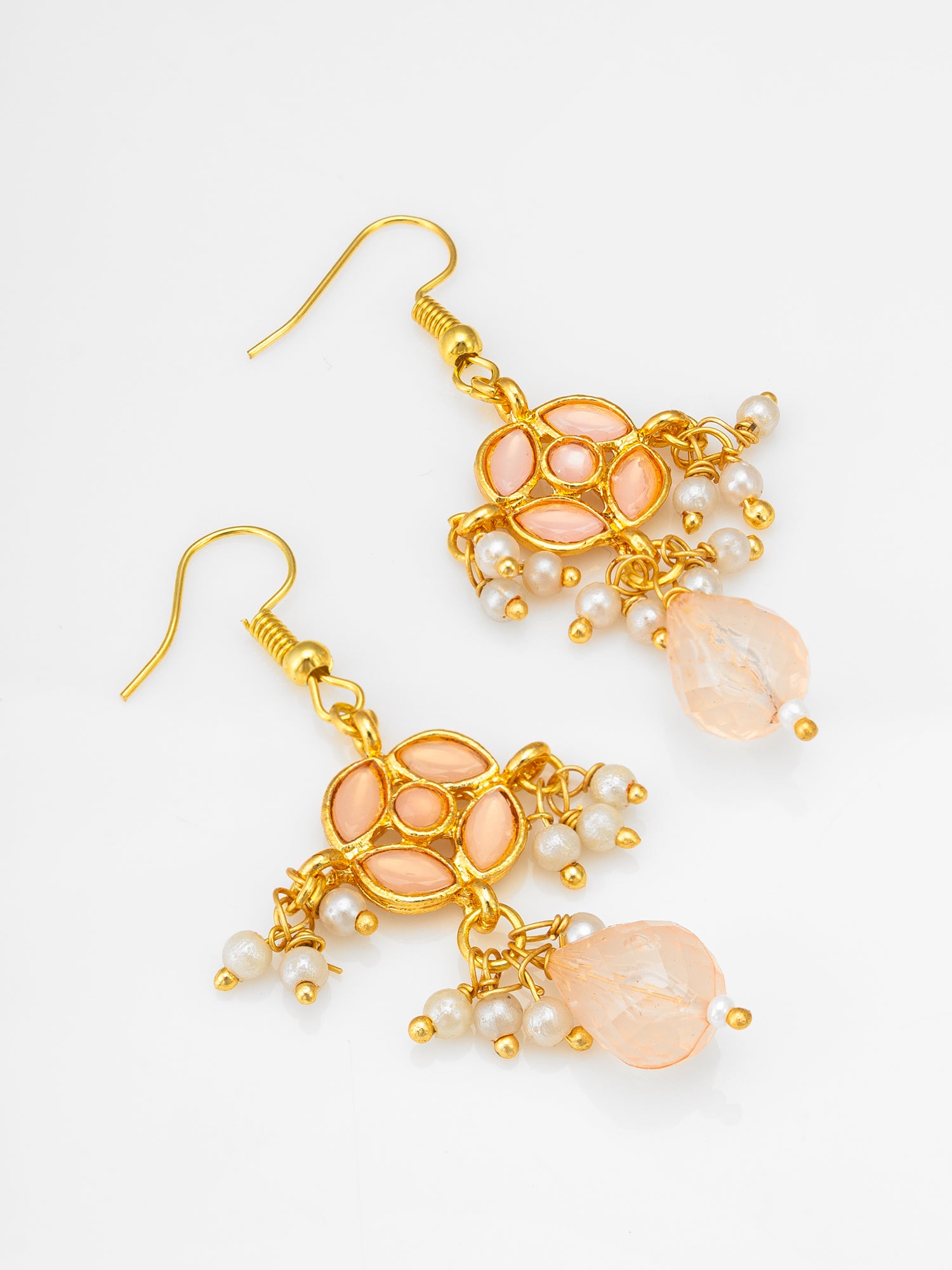 Aadita Peach Kundan Chandelier Drop Earrings with Pearl Clusters and Crystal Drop