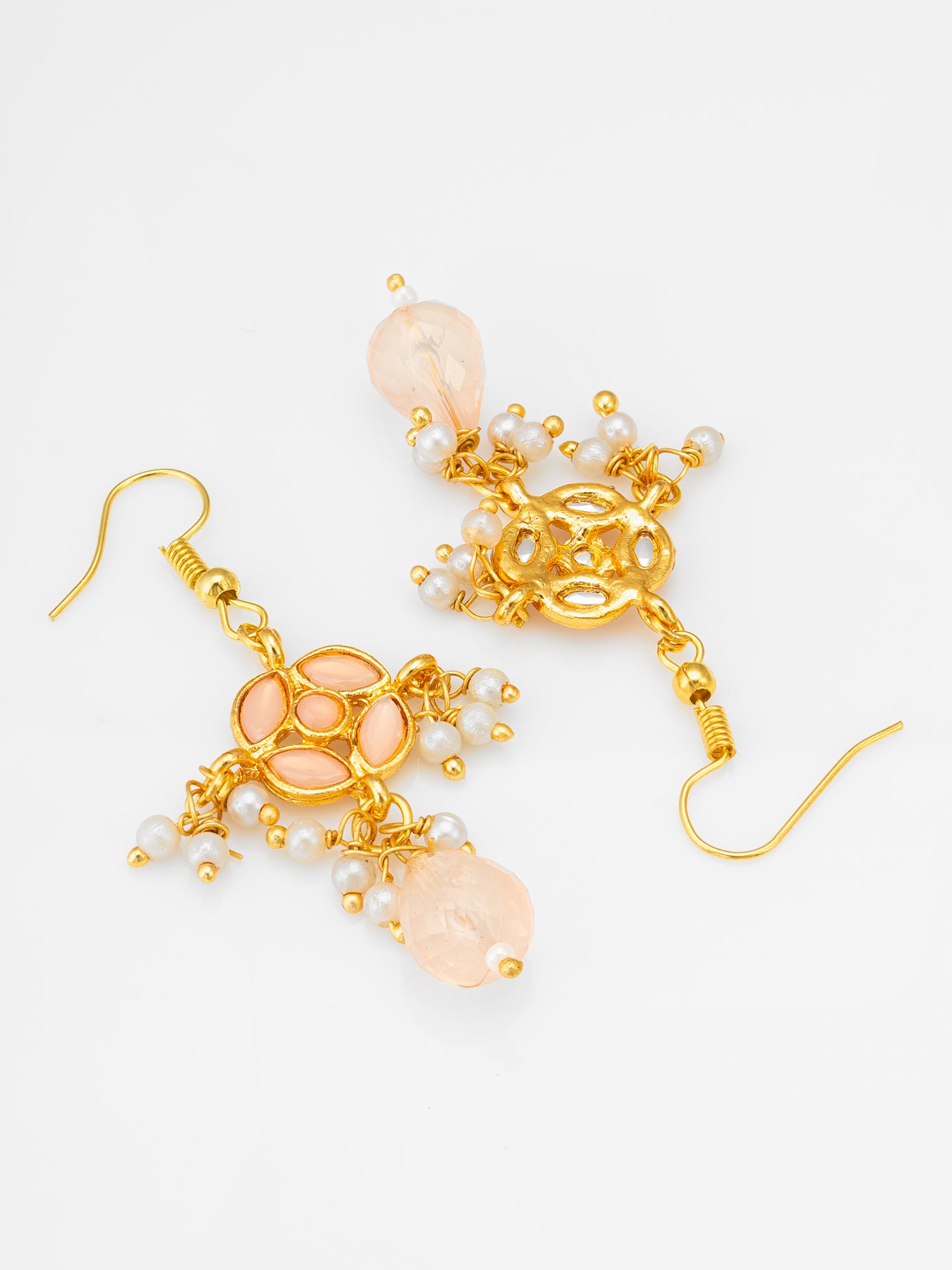 Aadita Peach Kundan Chandelier Drop Earrings with Pearl Clusters and Crystal Drop