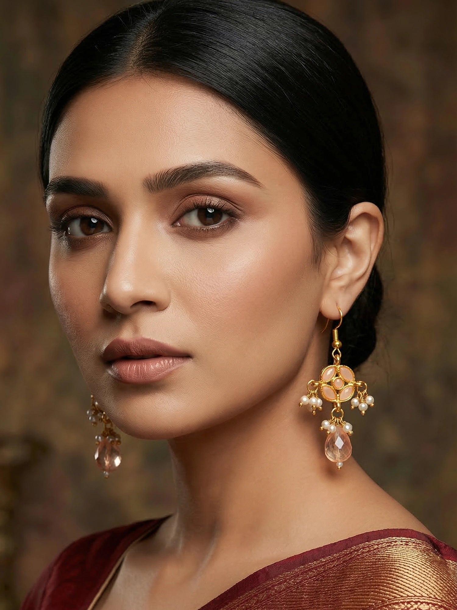 Aadita Peach Kundan Chandelier Drop Earrings with Pearl Clusters and Crystal Drop