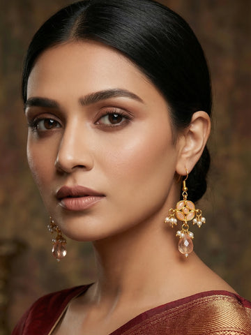 Aadita Peach Kundan Chandelier Drop Earrings with Pearl Clusters and Crystal Drop