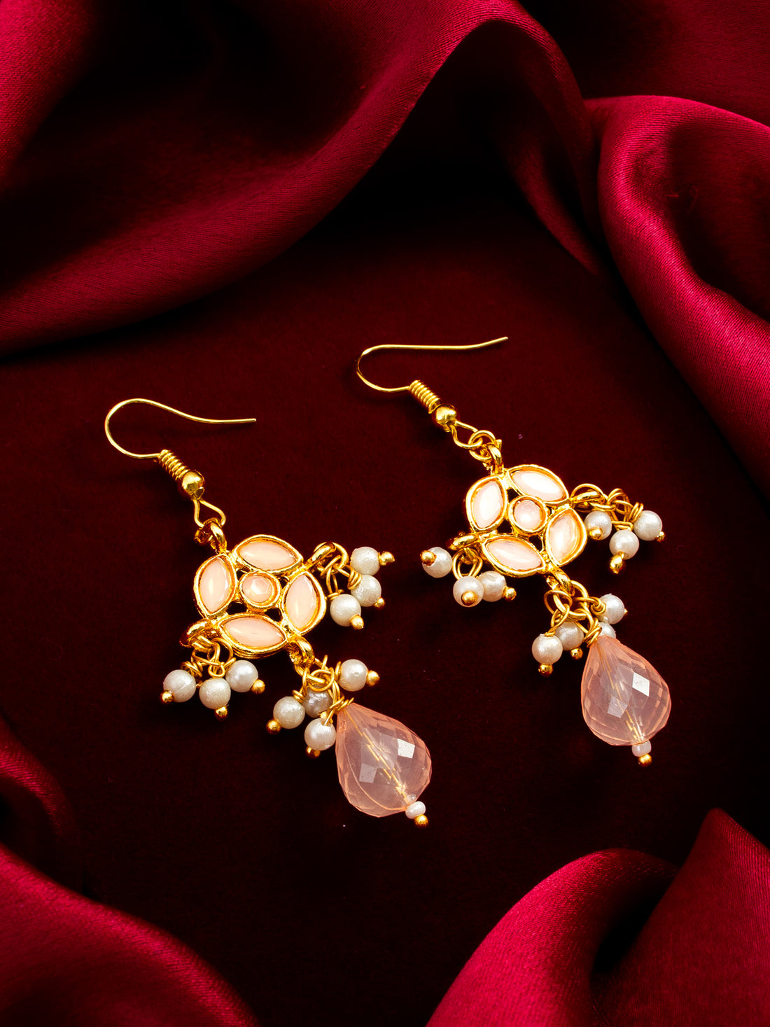 Aadita Peach Kundan Chandelier Drop Earrings with Pearl Clusters and Crystal Drop
