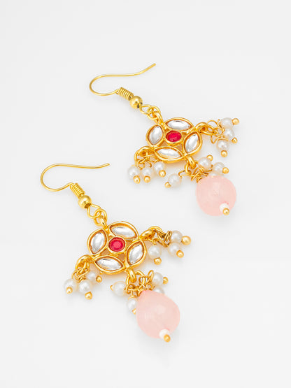 Aadita White Kundan and Ruby Accent Chandelier Drop Earrings with Pearl Clusters and Rose Quartz Drop