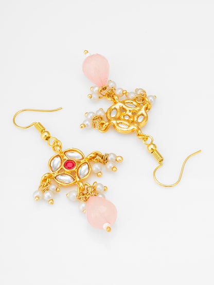Aadita White Kundan and Ruby Accent Chandelier Drop Earrings with Pearl Clusters and Rose Quartz Drop