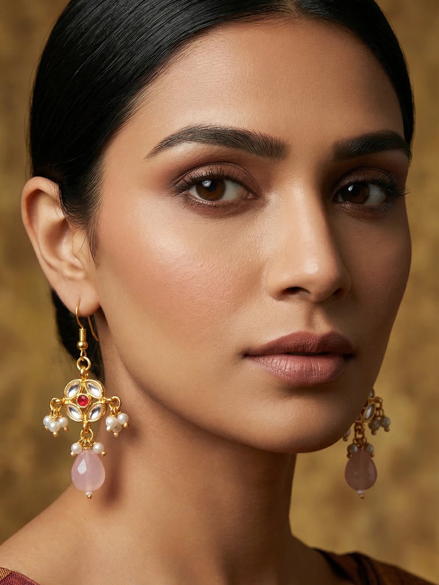 Aadita White Kundan and Ruby Accent Chandelier Drop Earrings with Pearl Clusters and Rose Quartz Drop