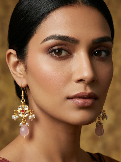Aadita White Kundan and Ruby Accent Chandelier Drop Earrings with Pearl Clusters and Rose Quartz Drop