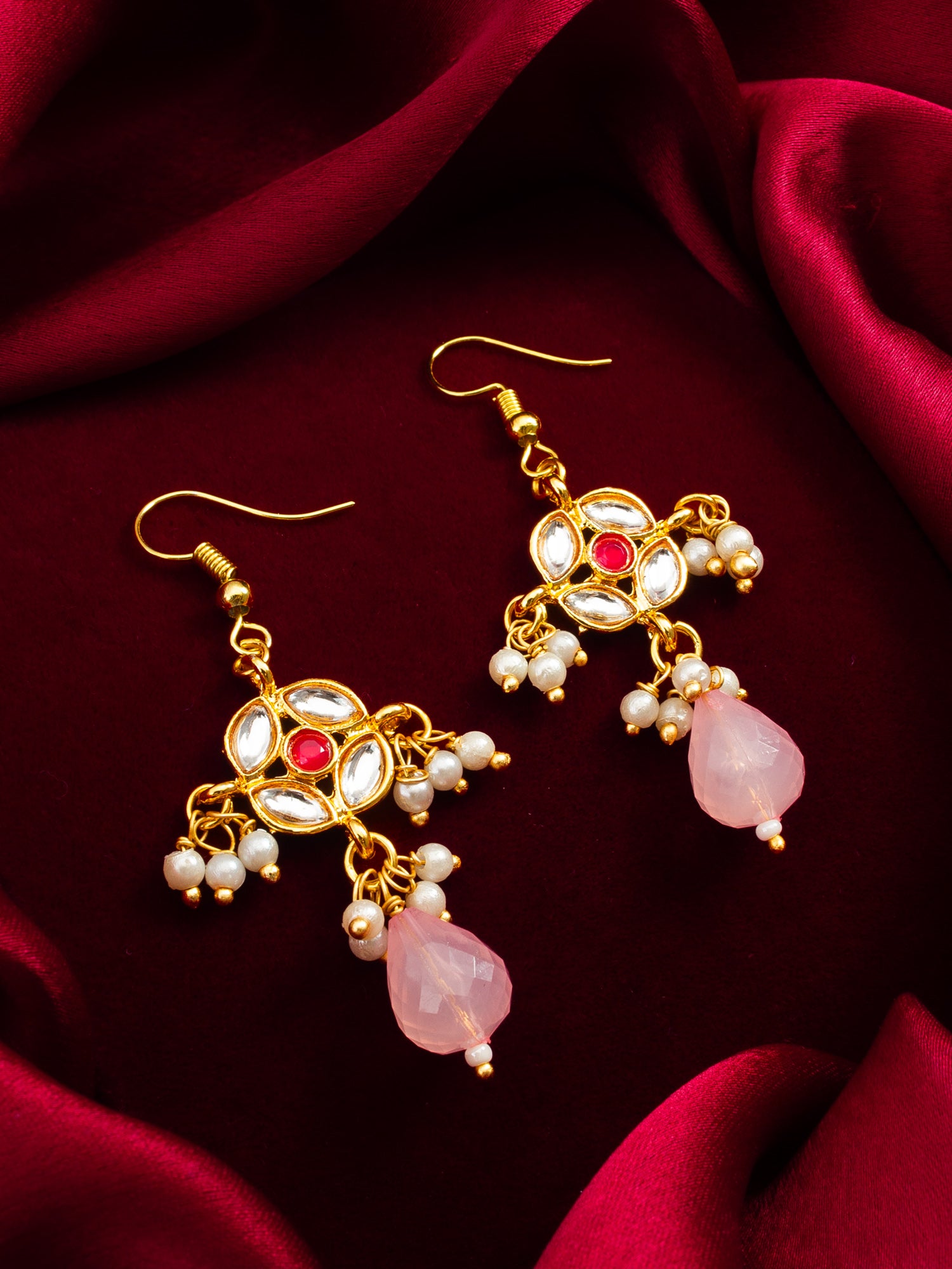 Aadita White Kundan and Ruby Accent Chandelier Drop Earrings with Pearl Clusters and Rose Quartz Drop