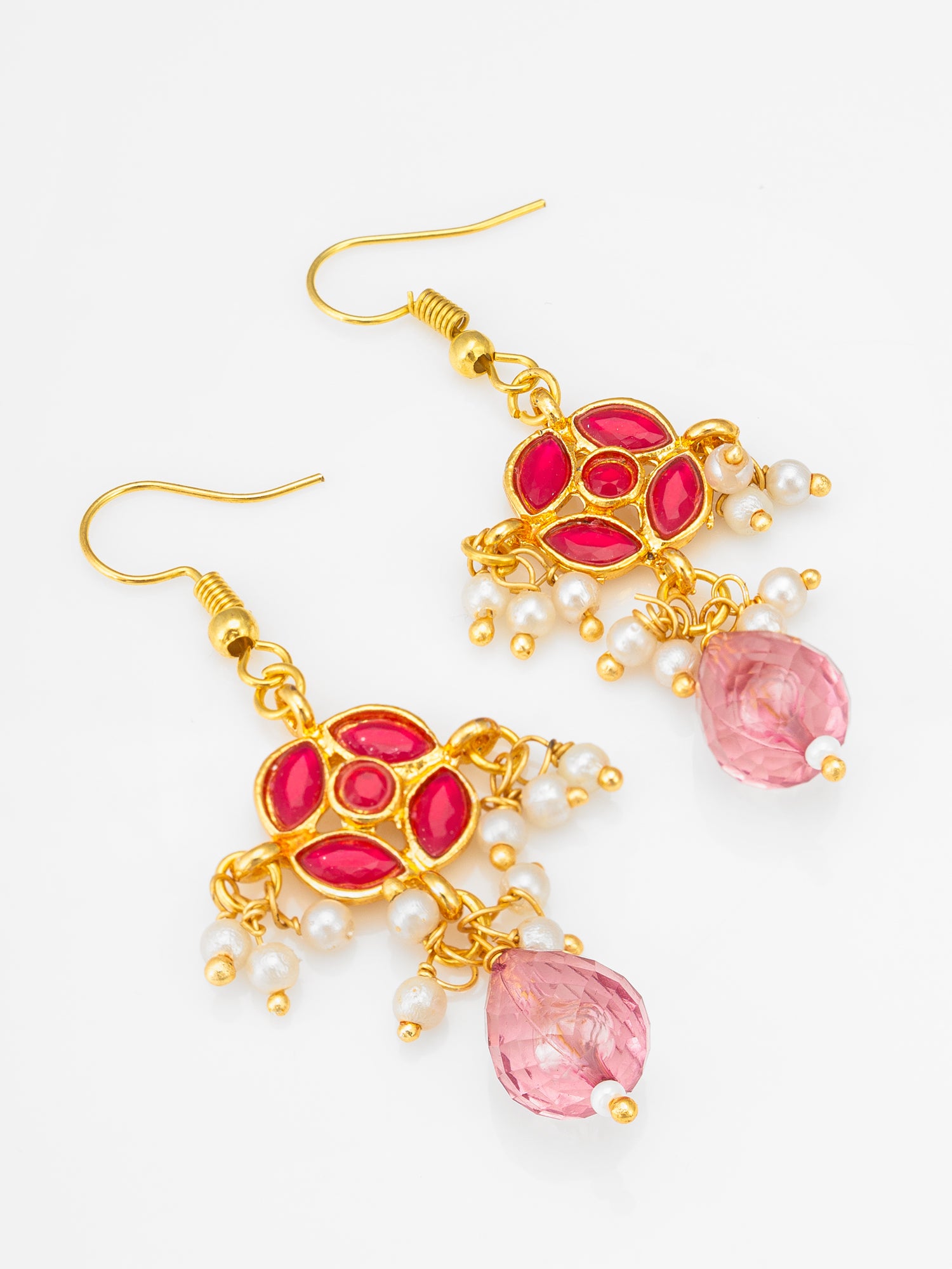 Aadita Fuchsia Kundan Floral Chandelier Earrings with Pearl Drops and Pink Crystal Briolette