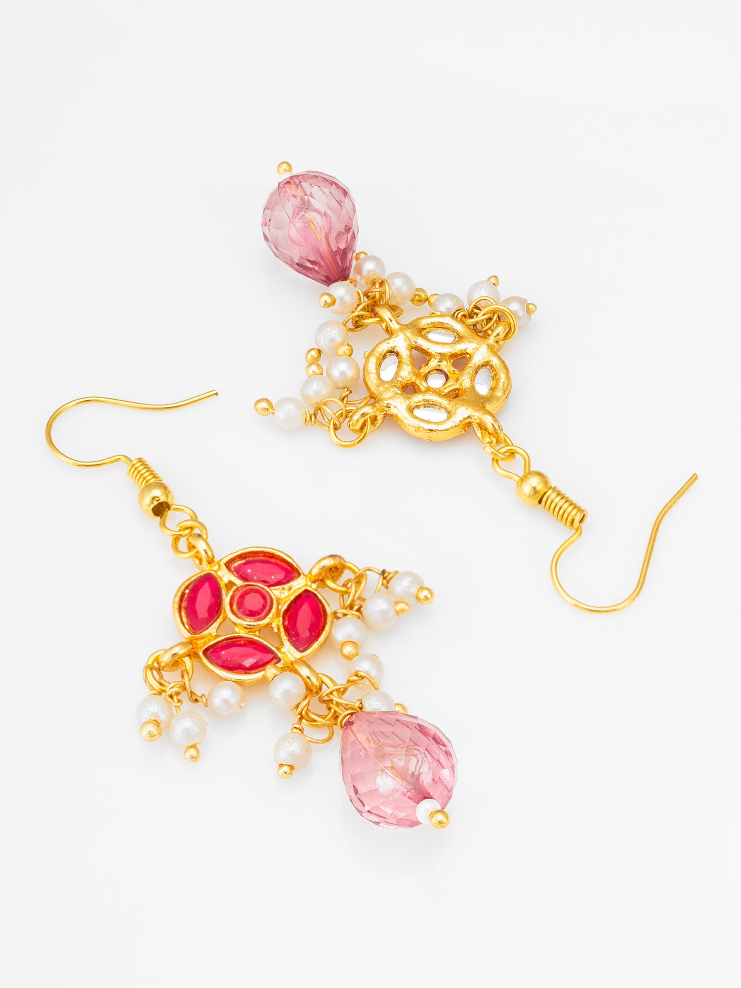 Aadita Fuchsia Kundan Floral Chandelier Earrings with Pearl Drops and Pink Crystal Briolette