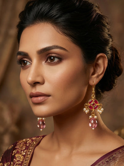 Aadita Fuchsia Kundan Floral Chandelier Earrings with Pearl Drops and Pink Crystal Briolette