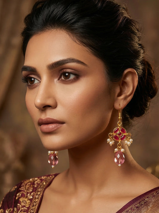Aadita Fuchsia Kundan Floral Chandelier Earrings with Pearl Drops and Pink Crystal Briolette