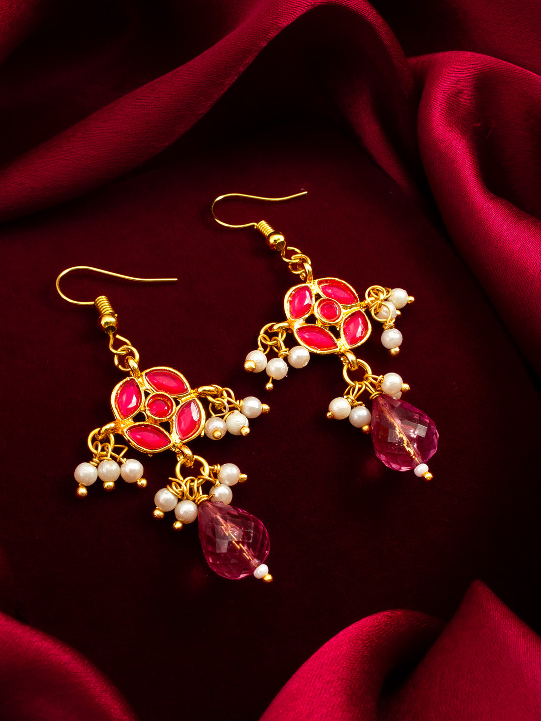 Aadita Fuchsia Kundan Floral Chandelier Earrings with Pearl Drops and Pink Crystal Briolette